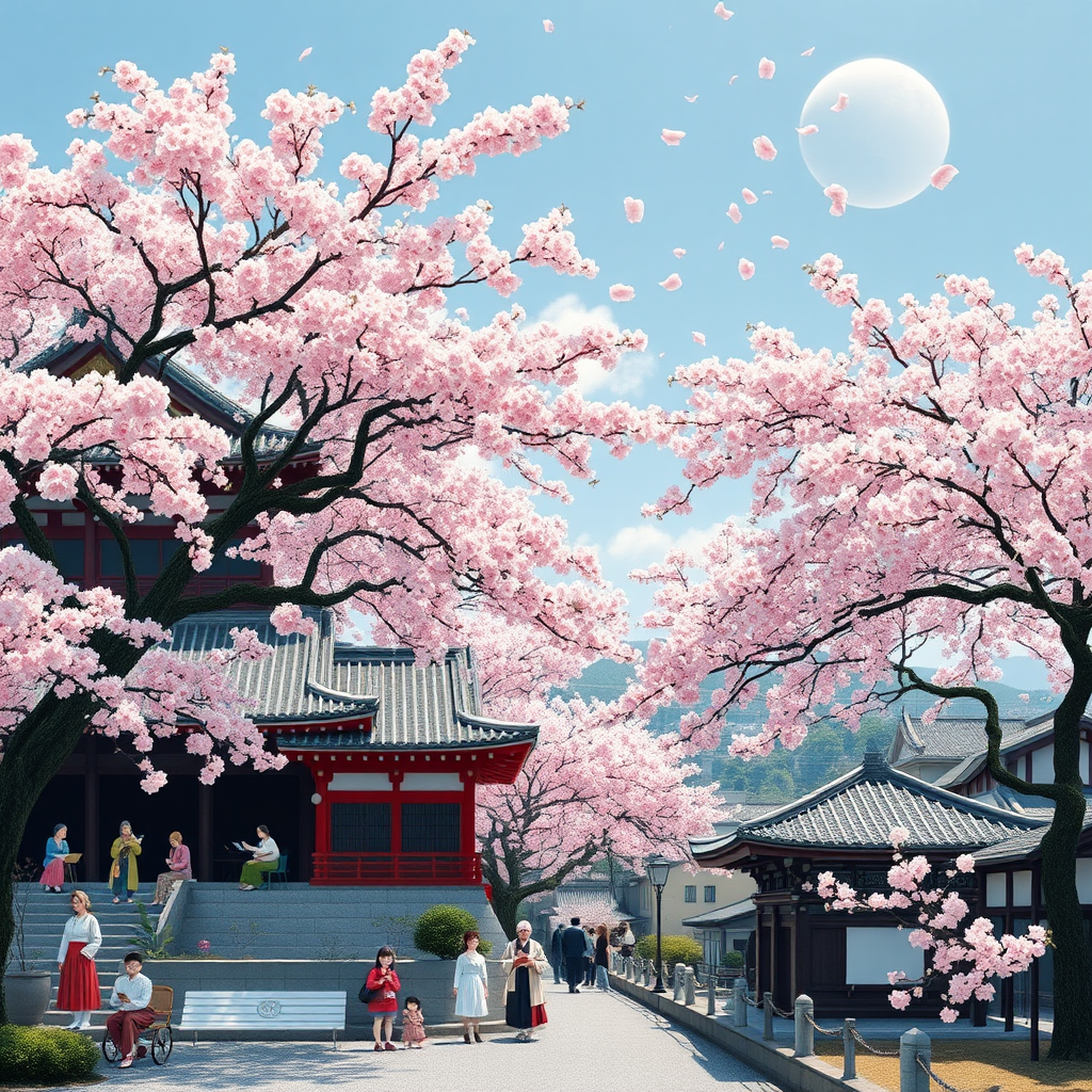 桜の季節の文化的進化を表現した美しい画像。古代平安時代の宮廷から現代の花見まで、満開の桜の木の下で詩を読む貴族、現代の家族連れ、日本の伝統的な建築物と桜が調和した風景