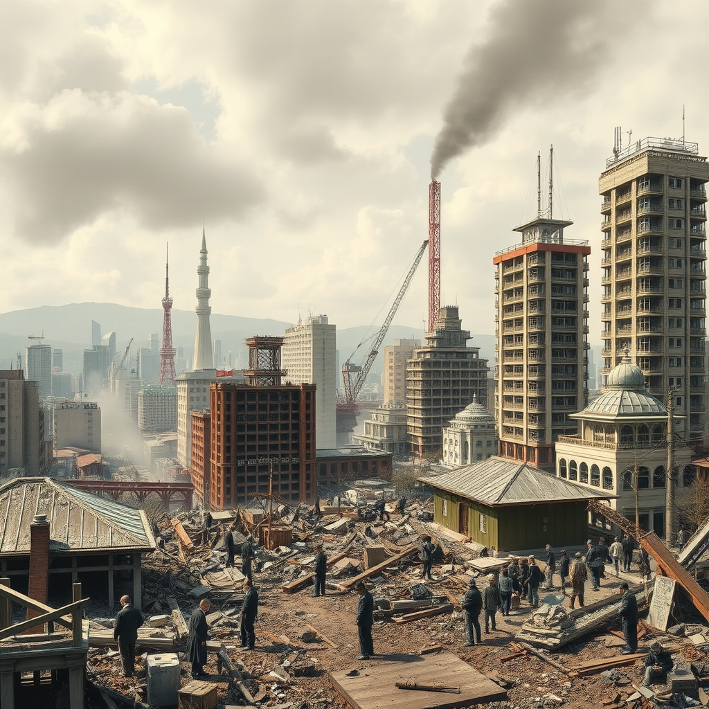 1923年関東大震災の歴史的瞬間を描いた画像。破壊された東京と横浜の街並み、復興作業に取り組む人々、災害からの復旧と再建を象徴する建築革新と都市計画の要素が含まれた構図